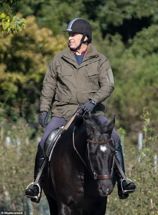 Andrew is seen on the Windsor Estate on September 27 this year - the last time he was seen horse riding in public