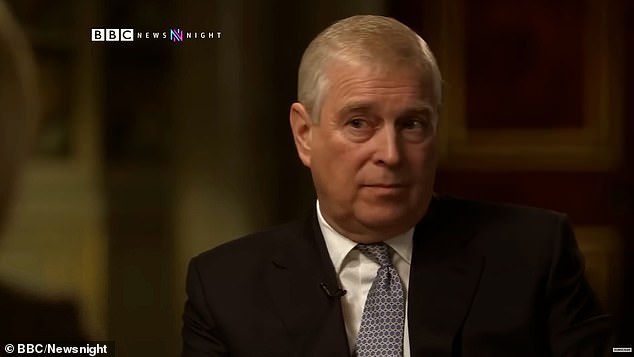 The now-infamous car-crash BBC Newsnight interview in 2019 (pictured) saw the royal claim he could not have had sex with Ms Giuffre because he was at home that evening having taken his daughter Beatrice to a birthday party at a Pizza Express in Woking