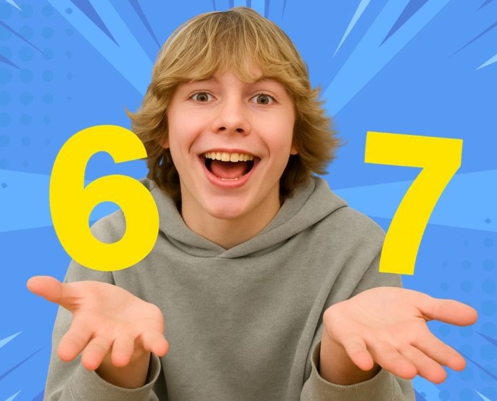 Illustration of a boy with his mouth open, gesturing with his hands, with large yellow numbers 6 and 7 floating above his hands.