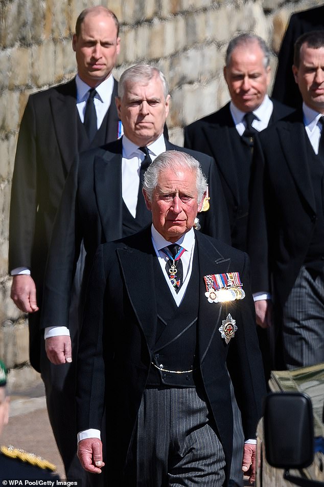 After Virginia's posthumous memoir was published, Andrew agreed to give up his royal titles - as royal expert predicted the book would be 'toxic' for him. He is seen here at Prince Philip's funeral, with now-King Charles (front) and William