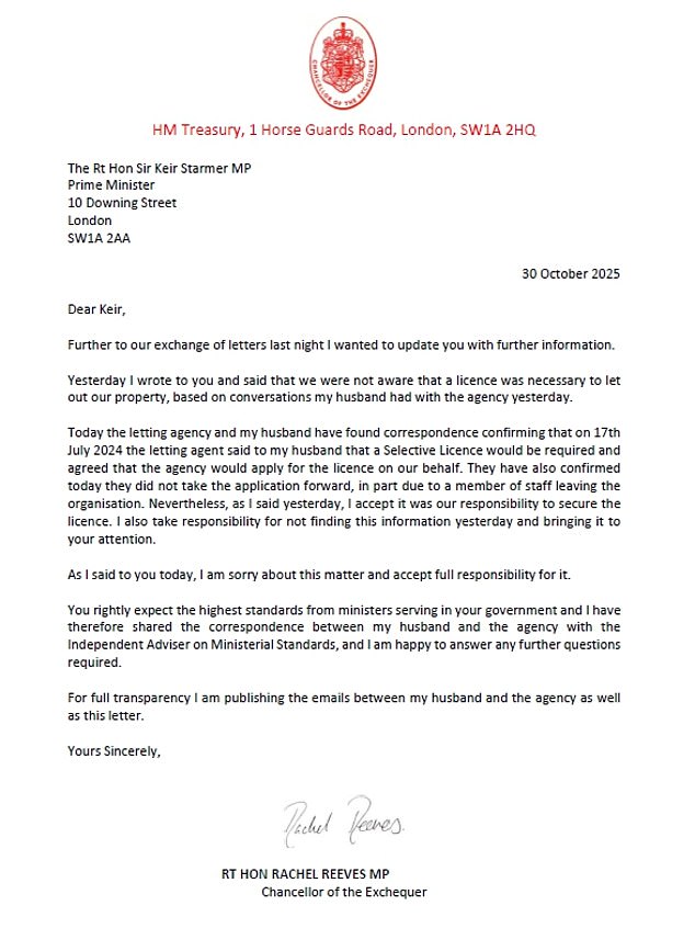In a second letter to the Prime Minister in the space of 24 hours, the Chancellor wrote to 'update' Sir Keir Starmer over the blunder that has plunged her into jeopardy