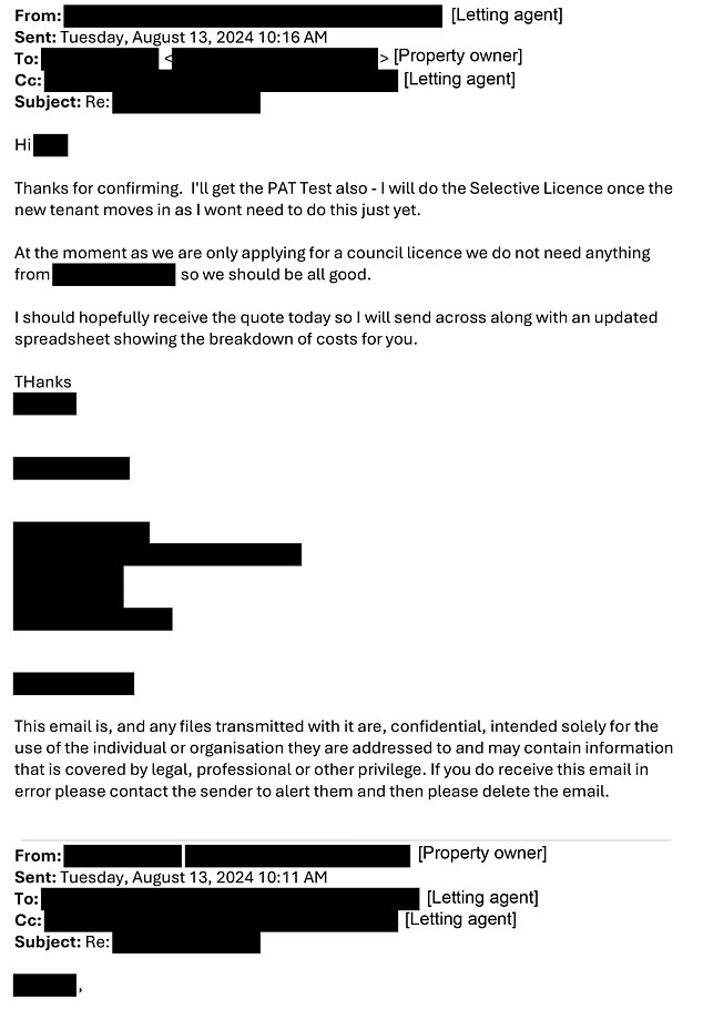 The emails showed that the letting agent referred to the need for a licence