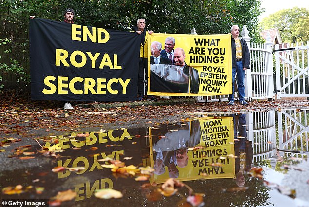 Members of anti monarchy group Republic stood outside Andrew's home - the Royal Lodge at Great Windsor Park last week to demand greater transparency