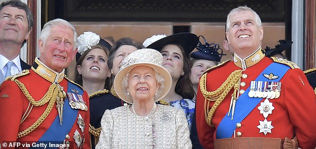 (FILES) (L-R) then-Britain's Prince Charles, Prince of Wales, Britain's Princess Beatrice of York, Britain's Princess Anne, Princess Royal, Britain's Queen Elizabeth II, Britain's Princess Eugenie of York, Britain's Lady Louise Windsor, Britain's Prince Andrew, Duke of York, stand with other members of the Royal Family on the balcony of Buckingham Palace to watch a fly-past of aircraft by the Royal Air Force, in London on June 8, 2019. King Charles III will strip his younger brother Andrew of his royal titles and oust him from his long-term residence on the Windsor estate, the palace said on October 30, 2025, the latest fallout to hit the scandal-plagued royal over the Jeffrey Epstein affair. (Photo by Daniel LEAL / AFP) (Photo by DANIEL LEAL/AFP via Getty Images)