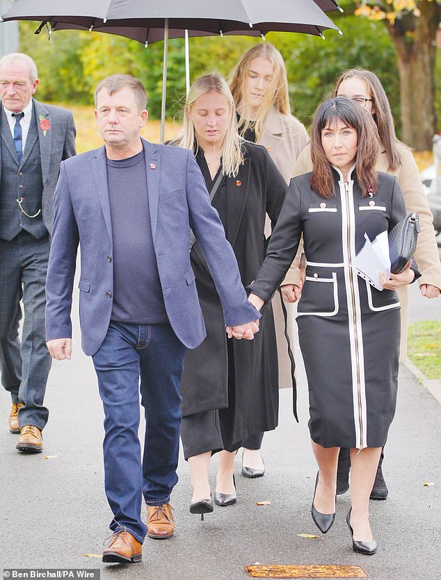 Anthony Beck and Leighann McCready, the parents of Jaysley Beck, are pictured here arriving at Bulford Court Martial Centre at Kiwi Barracks in Salisbury, Wiltshire, on October 31 2025