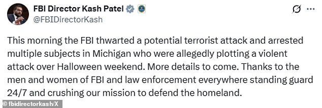 The FBI Detroit field office confirmed to the Daily Mail that its agents were in Dearborn and Inkster 'conducting law enforcement activities' on Friday morning