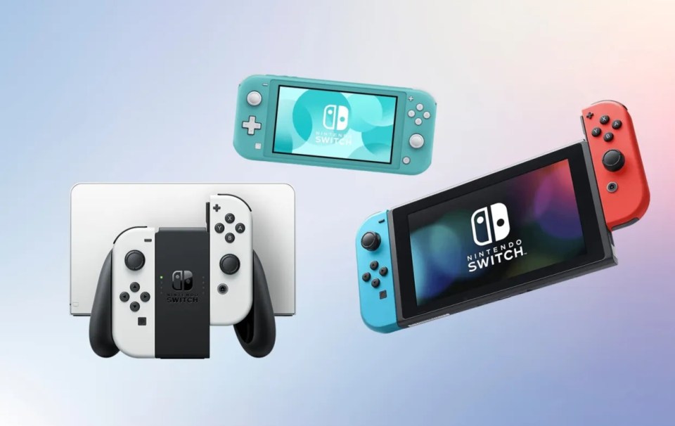 Nintendo Switch consoles: standard, lite, and OLED models.