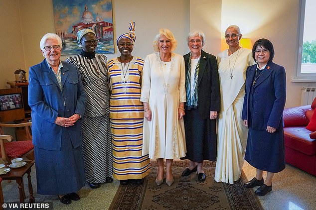 Britain's Queen Camilla, accompanied by Executive Secretary of the International Union of Superiors General Sister Roxanne Schares, meets with nuns whose work includes advocacy for human trafficking victims in Rome last week