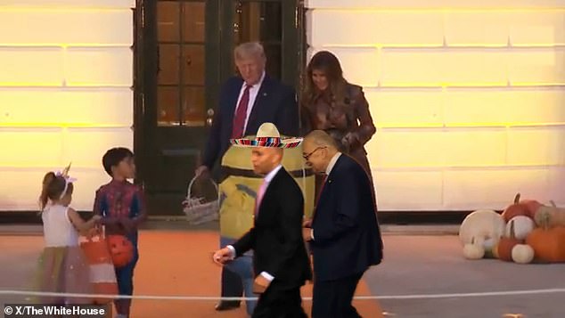 The White House also posted an altered video showing Trump during his first term handing out Halloween candy at the executive's mansion. The administration workers then edited a sombrero-wearing Jeffries and Schumer into the clip, as though they were trick-or-treating