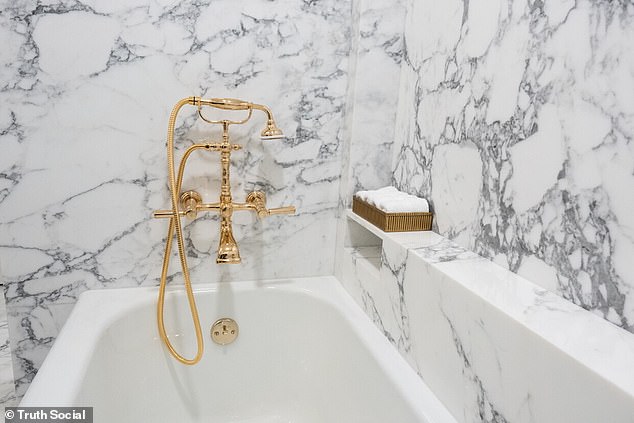 The tub features an antique-style telephone clawfoot faucet with a hand shower and metal cross handles