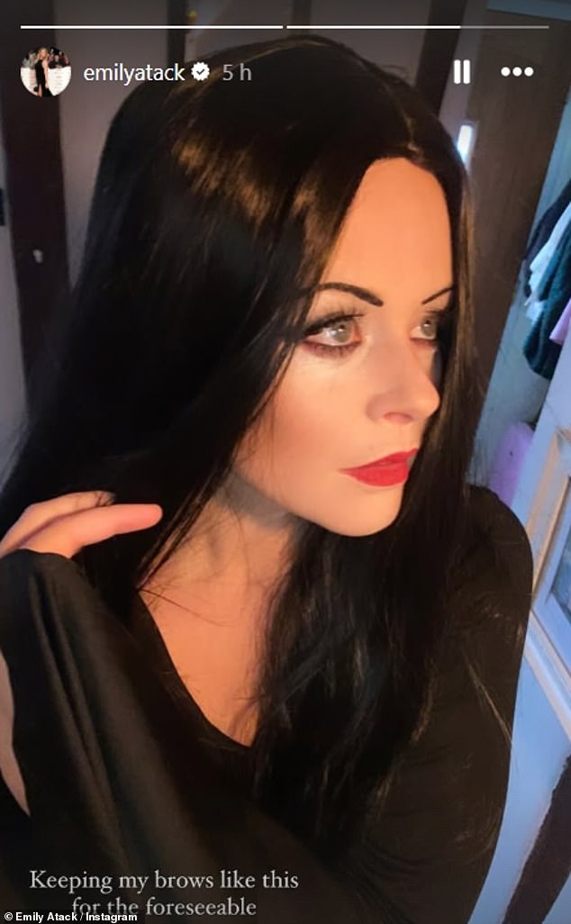 Emily Atack looked unrecognisable as she transformed herself into Morticia Adams for the evening