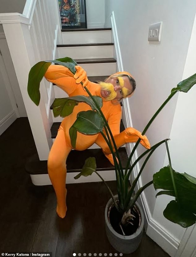 Kerry Katona looked hilarious as the Lorax as she dressed in an all orange onesie complete with bushy yellow eyebrows and moustache