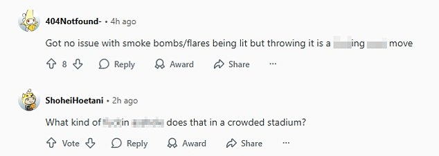 Fans flocked to Reddit to call out the person who lit the flare and threw it in the middle of the crowd