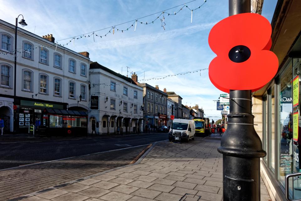 A large imitation poppy on a lamppost in Warminster, Wiltshire, commemorates fallen British and Commonwealth soldiers.