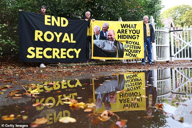 Members of anti-monarchy group Republic stood outside Andrew's home - Royal Lodge at Great Windsor Park - last week to demand greater transparency