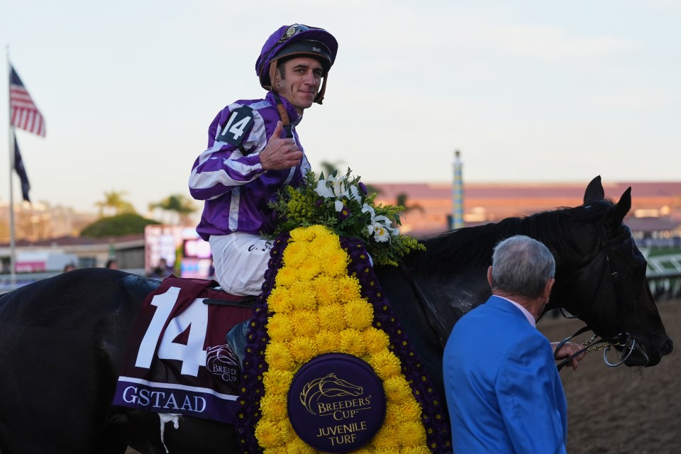 Christophe Soumillon on Gstaad after winning the Breeders' Cup Juvenile Turf.