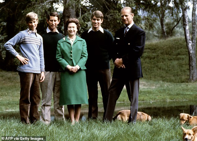 The Queen loved corgis and had many different pets throughout her life. Pictured: Edward, left, Charles and Andrew with the Queen and the Duke of Edinburgh in 1979, surrounded by the royal corgis