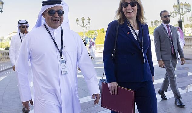 Chancellor Rachel Reeves arrives with the Minister of Finance for Qatar HE Ali bin Ahmed Al Kuwaiti on October 28, 2025