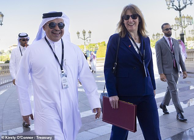 Chancellor Rachel Reeves arrives with the Minister of Finance for Qatar HE Ali bin Ahmed Al Kuwaiti on October 28, 2025