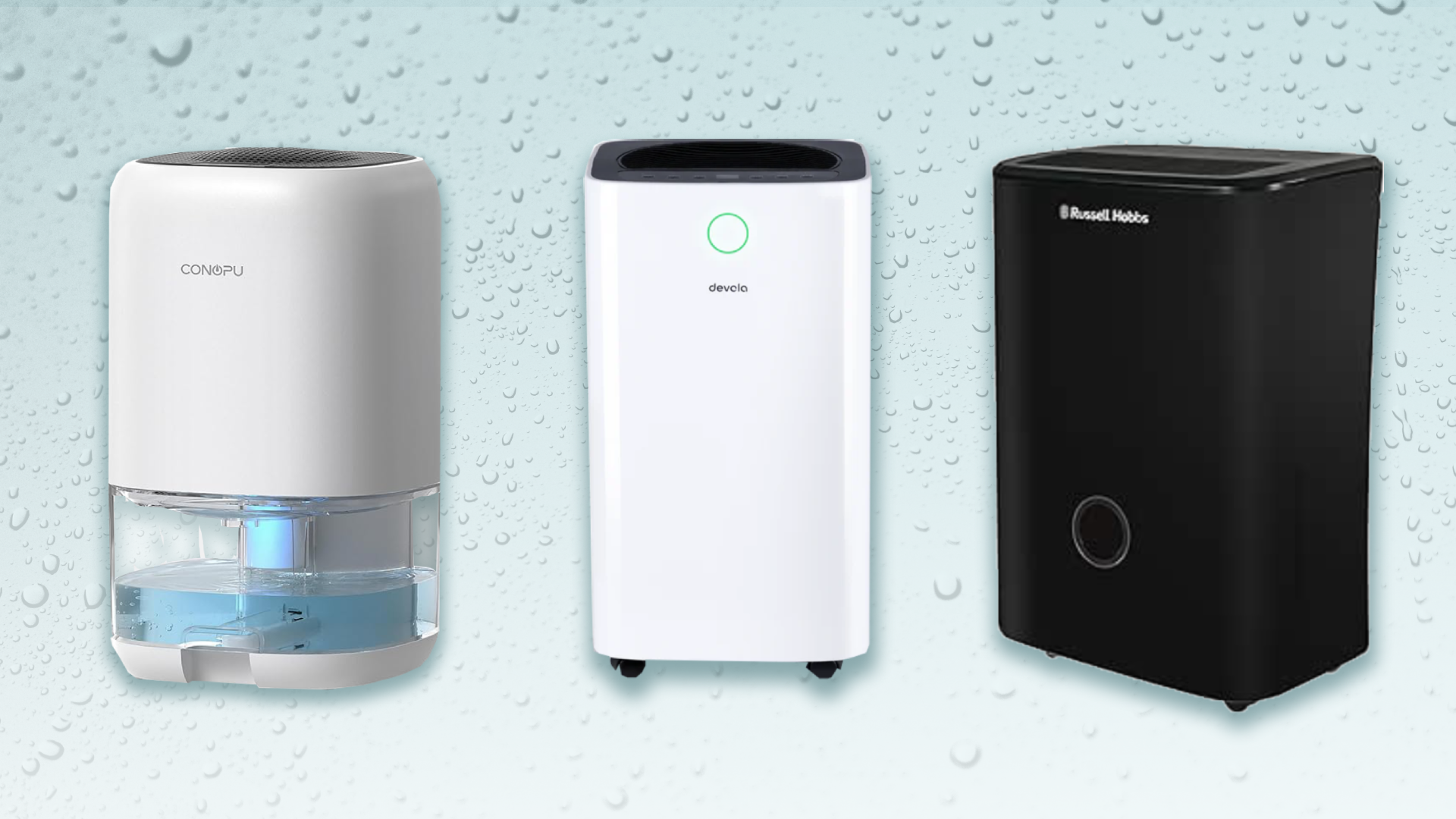Three dehumidifiers: Conpu, Devcla, and Russell Hobbs.