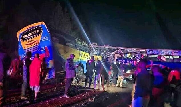 The crash (pictured) happened just after midnight on the highway between the capital Kampala and the northern city of Gulu