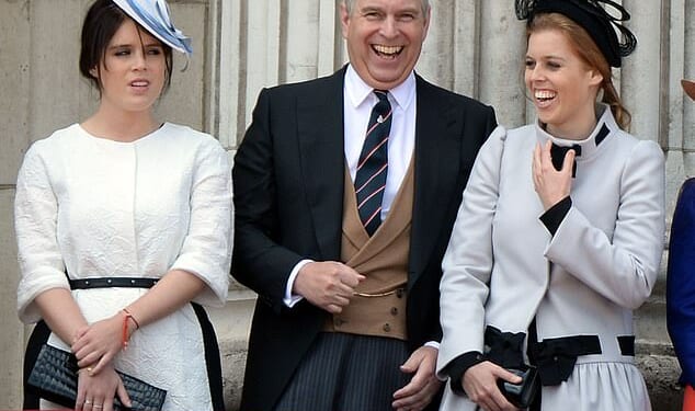 Princess Eugenie, Prince Andrew and Princess Beatrice on the balcony at Buckingham Palace for Trooping the Colour in 2013