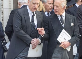 King Charles talking to his brother, Prince Andrew, on the steps of Westminster Cathedral after both attended the Duchess of Kent¿s Requiem Mass last month