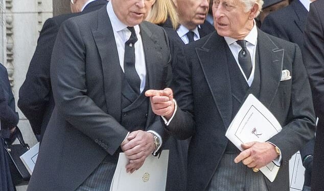 King Charles talking to his brother, Prince Andrew, on the steps of Westminster Cathedral after both attended the Duchess of Kent¿s Requiem Mass last month