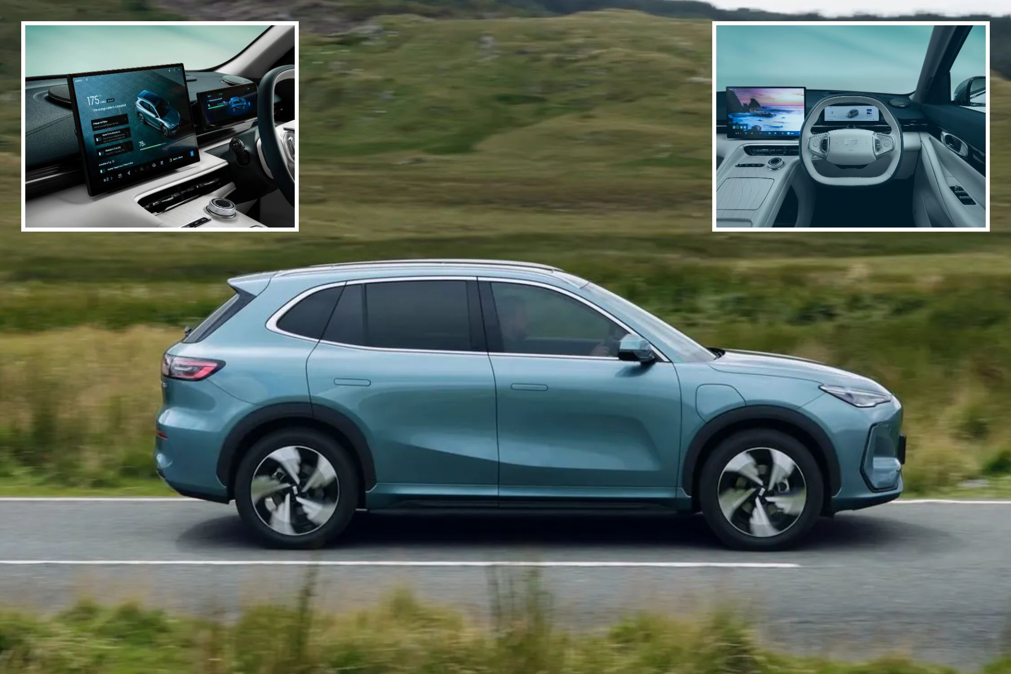 An image collage containing 3 images, Image 1 shows Geely car driving on a road with green hills in the background, Image 2 shows A screen inside a car displaying charging information with a graphic of a car charging, Image 3 shows The interior of a Geely car, showing the dashboard with a large central display and a steering wheel