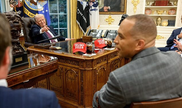 Donald Trump posted a photo offering an inside look into the failed government shutdown negotiation meetings, including a set of 'Trump 2028' hats he offered Democrat leaders