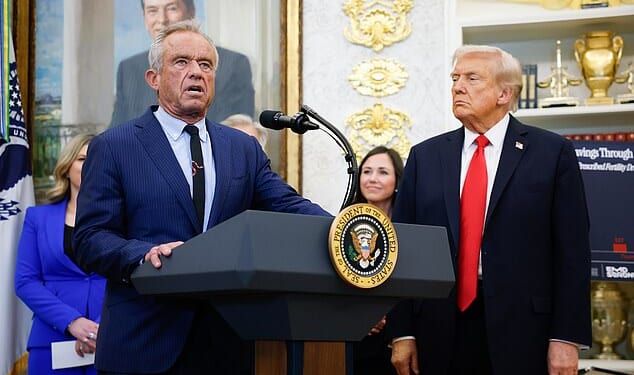 Robert F Kennedy Junior, the Health and Human Services Secretary, is pictured above with Donald Trump at the press conference yesterday