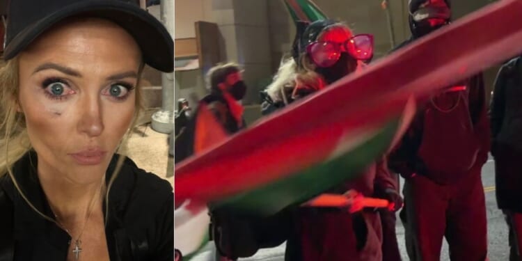 The Post Millennial reporter Katie Daviscourt posted on X that she was assaulted, resulting in a black eye, left, in Portland, Oregon, on Tuesday by an "Antifa agitator," right, who hit her while wielding a flag.