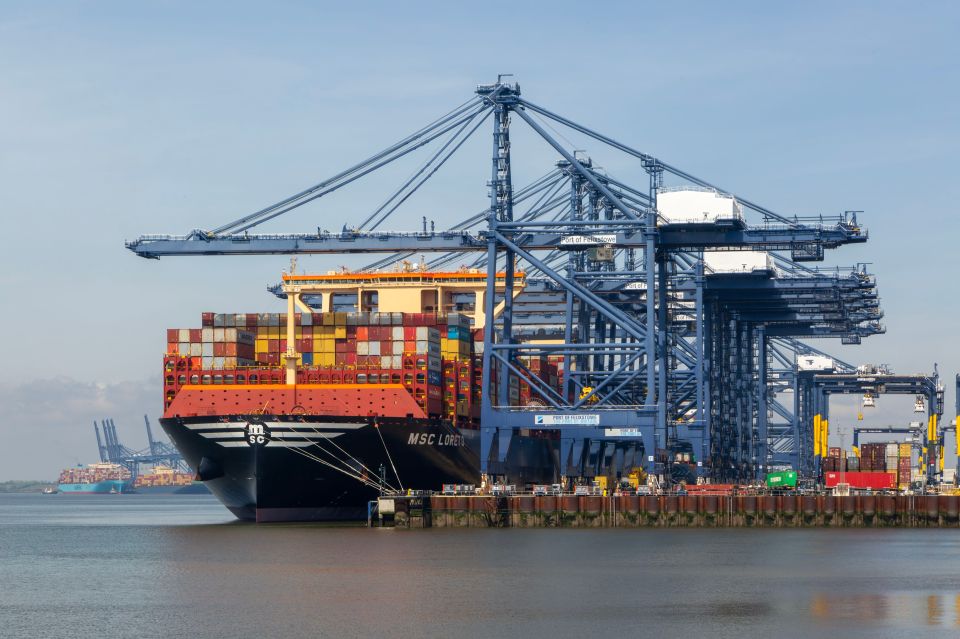 The MSC Loreto, one of the world's largest container ships, docked at the Port of Felixstowe in England.