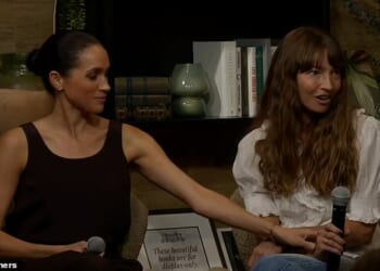 Meghan Markle (pictured, left) and Courtney Alamo (pictured, right) are seen during at an event at a California book store on Thursday