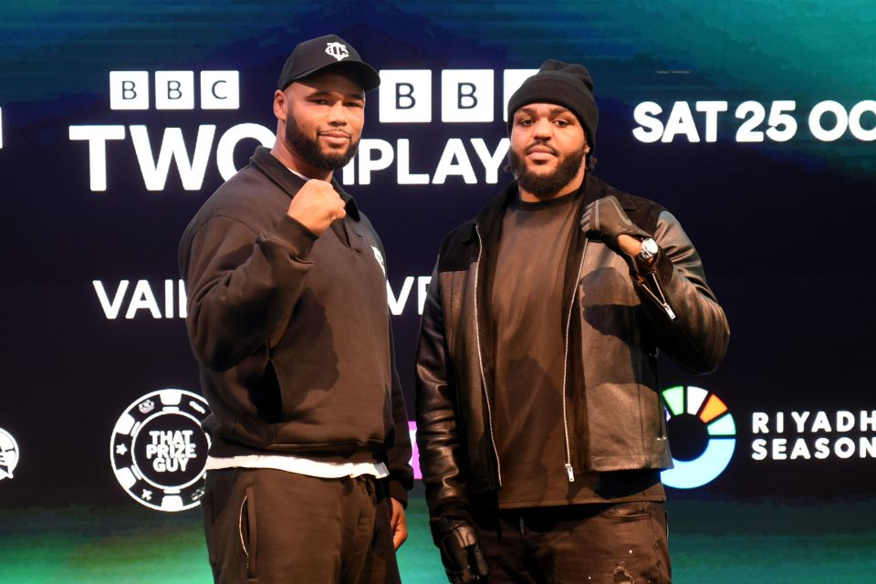 Frazer Clarke and Jeamie TKV at a media event for a boxing match at Samsung KX.