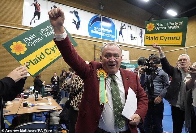 Plaid Cymru's Lindsay Whittle celebrates after being declared winner for the Caerphilly Senedd by-election