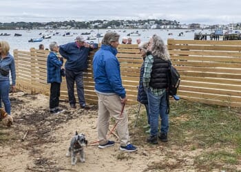Sandbanks residents gathered on the beach in the aftermath of the 'oppressive' timber fence mysteriously appearing