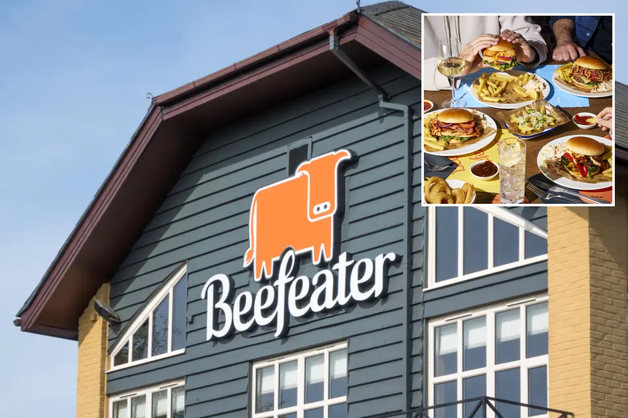An image collage containing 2 images, Image 1 shows a beefeater sign is on the side of a building, Image 2 shows Beefeater comfort food on a table