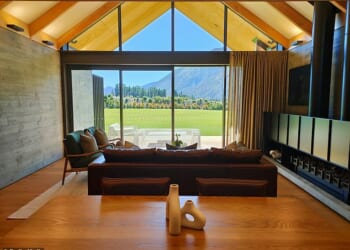 Stays at Flockhill were a major prize in the $800,000 2024 Golden Globes goodie bags (pictured, the villa four lounge)