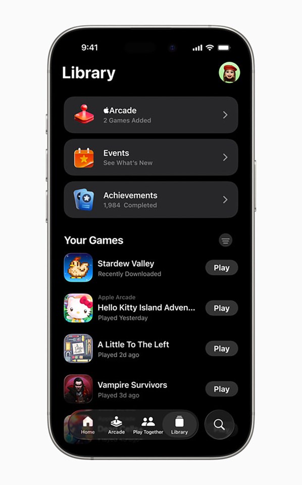 Illustration of an iPhone screen displaying the "Library" section of a games app.