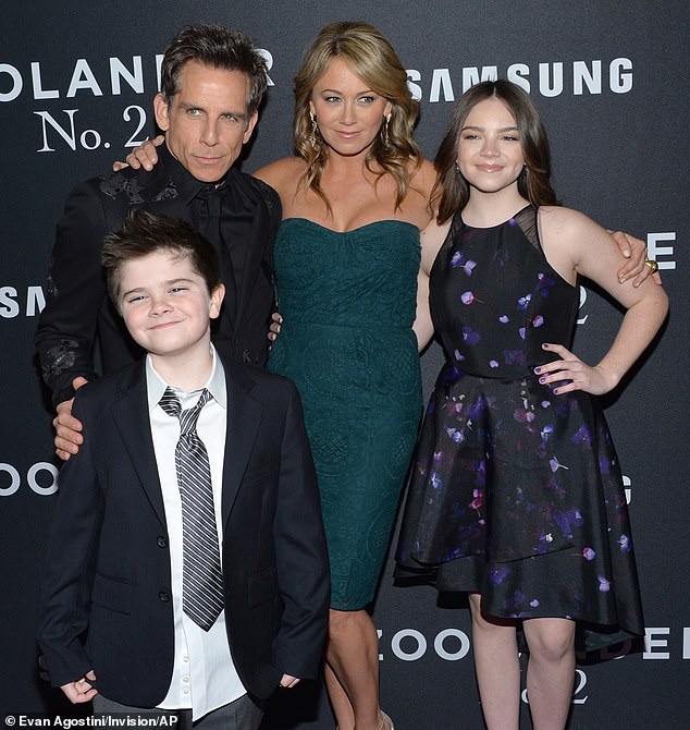 Ben pictured with wife Christine Taylor and their kids Quinlin and Ella in 2016