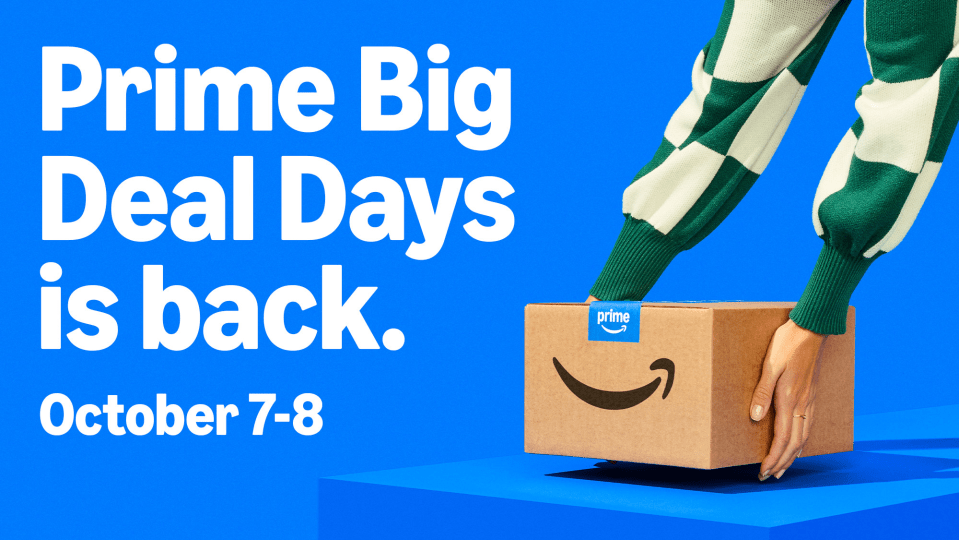 Amazon Prime Big Deal Days is back, October 7-8. A person in a green and white checkered sweater is placing an Amazon Prime box on a blue surface.