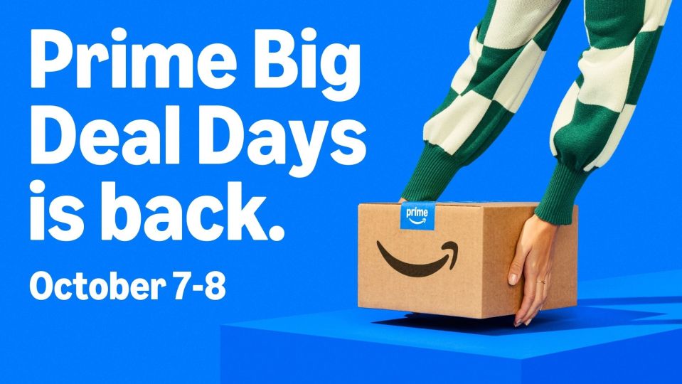 Amazon Prime Big Deal Days is back, October 7-8, with a person holding an Amazon Prime box on a blue background.