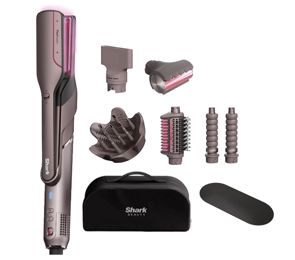 Shark FlexStyle multi-styler with accessories including diffuser, curling barrels, and brushes.