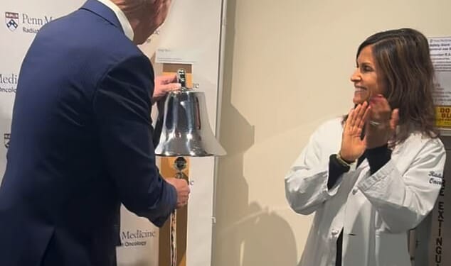 'Ringing the bell! Thank you to the incredible doctors, nurses and staff at Penn Medicine,' she wrote alongside a video of Biden celebrating