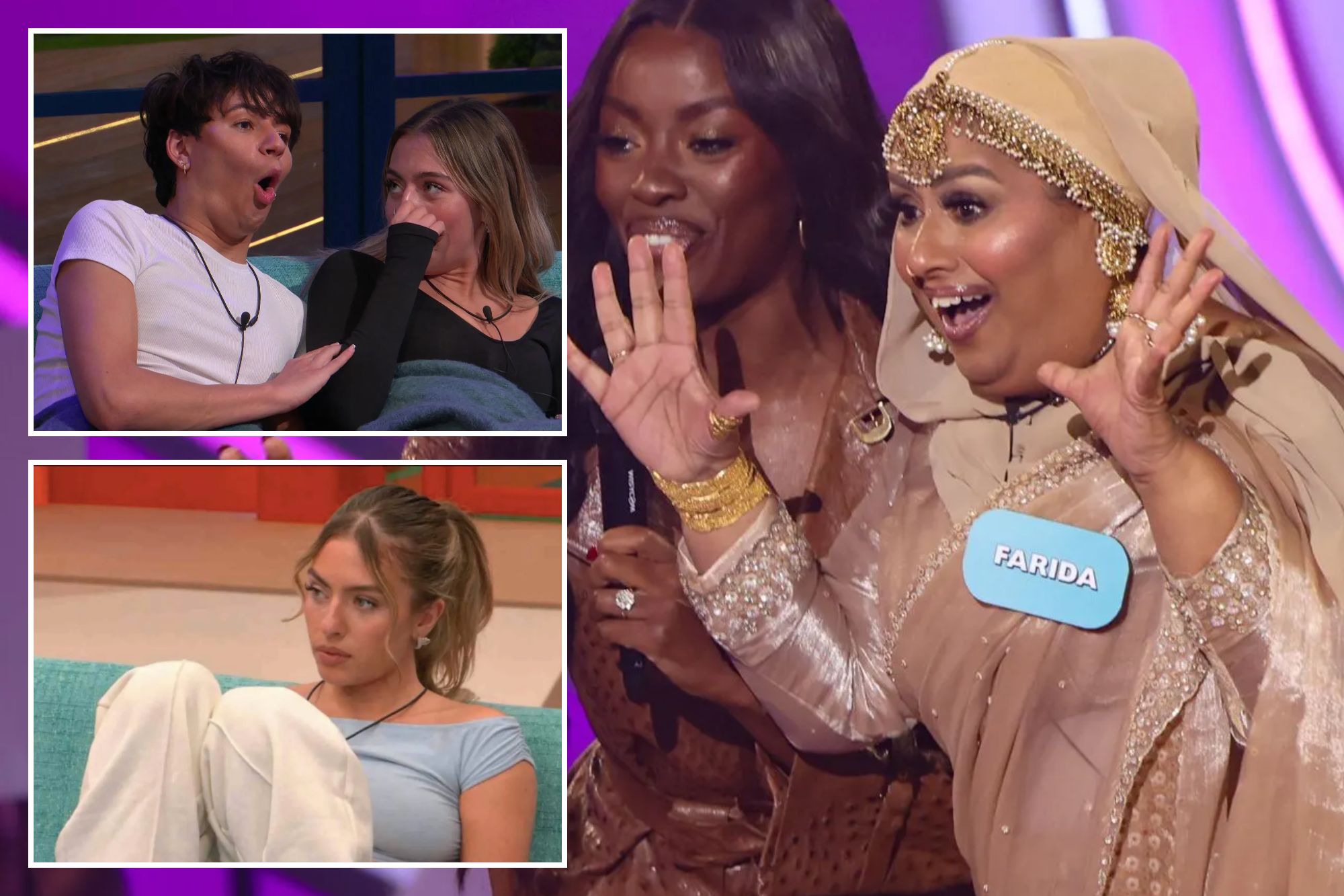 An image collage containing 3 images, Image 1 shows AJ Odudu, Farida, and Will Best at the Big Brother TV show, Image 2 shows Nancy and Sam on Big Brother TV show, Series 3, Episode 13, Image 3 shows Nancy from Big Brother 2023 looking intently, wearing a light blue top and white trousers