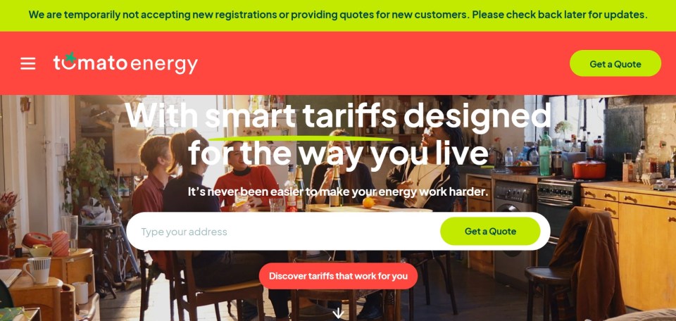 Screenshot of the Tomato Energy website showing a group of friends sitting around a table, and a banner reading "With smart tariffs designed for the way you live."