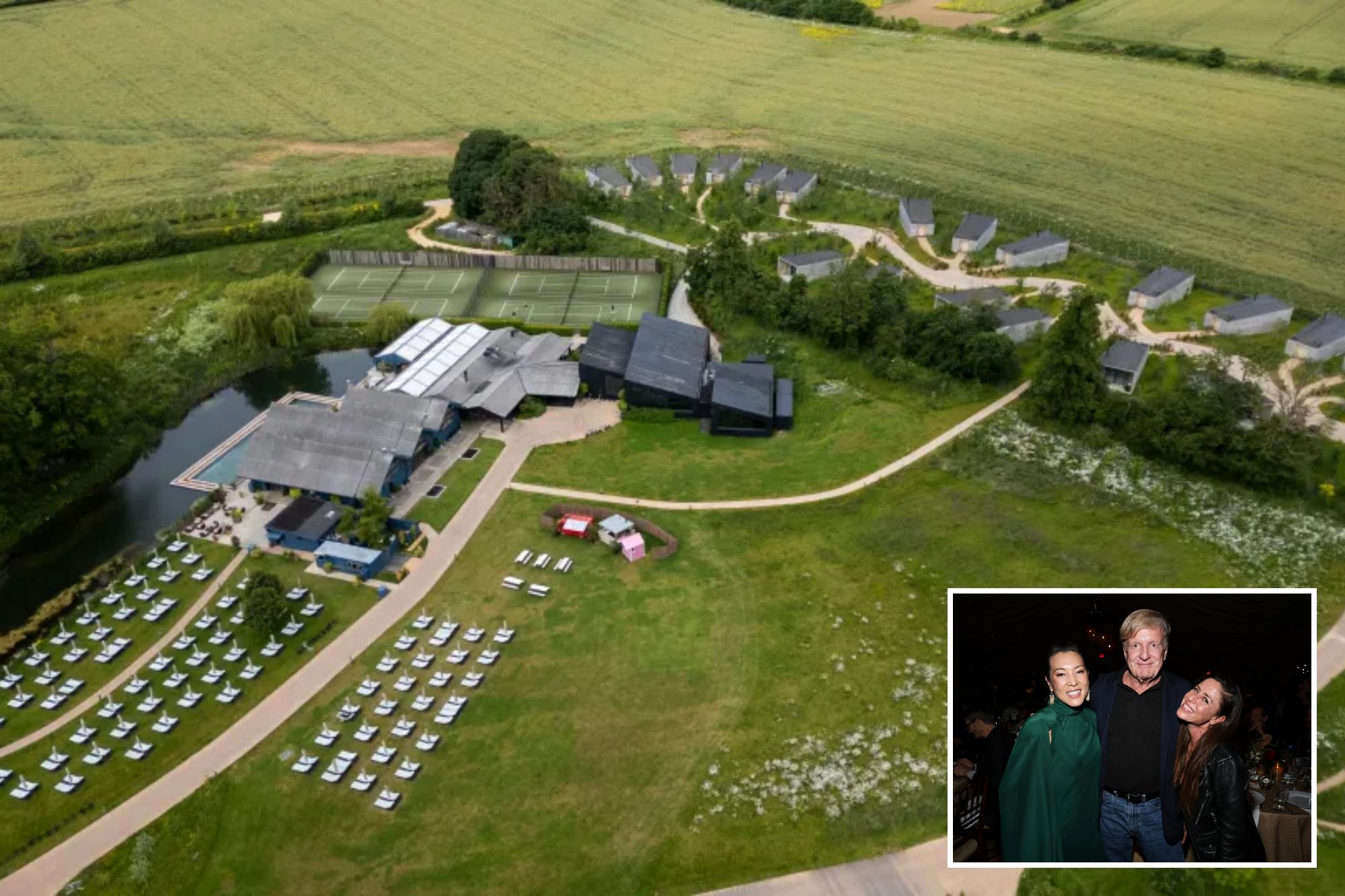 An image collage containing 2 images, Image 1 shows Soho House boss refused permission for 'grotesque' Cotswolds mansion, Image 2 shows MIAMI BEACH, FLORIDA - DECEMBER 05: (L-R) Ann Lee, Co-Founder & CEO, CORE, Ronald Burkle and Soleil Moon Frye attend CORE (Community Organized Relief Effort) Miami Art Basel Gala at Soho Beach Hous