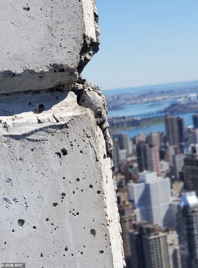Worrying cracks are seen on the concrete facade of 432 Park Avenue at its 40th floor