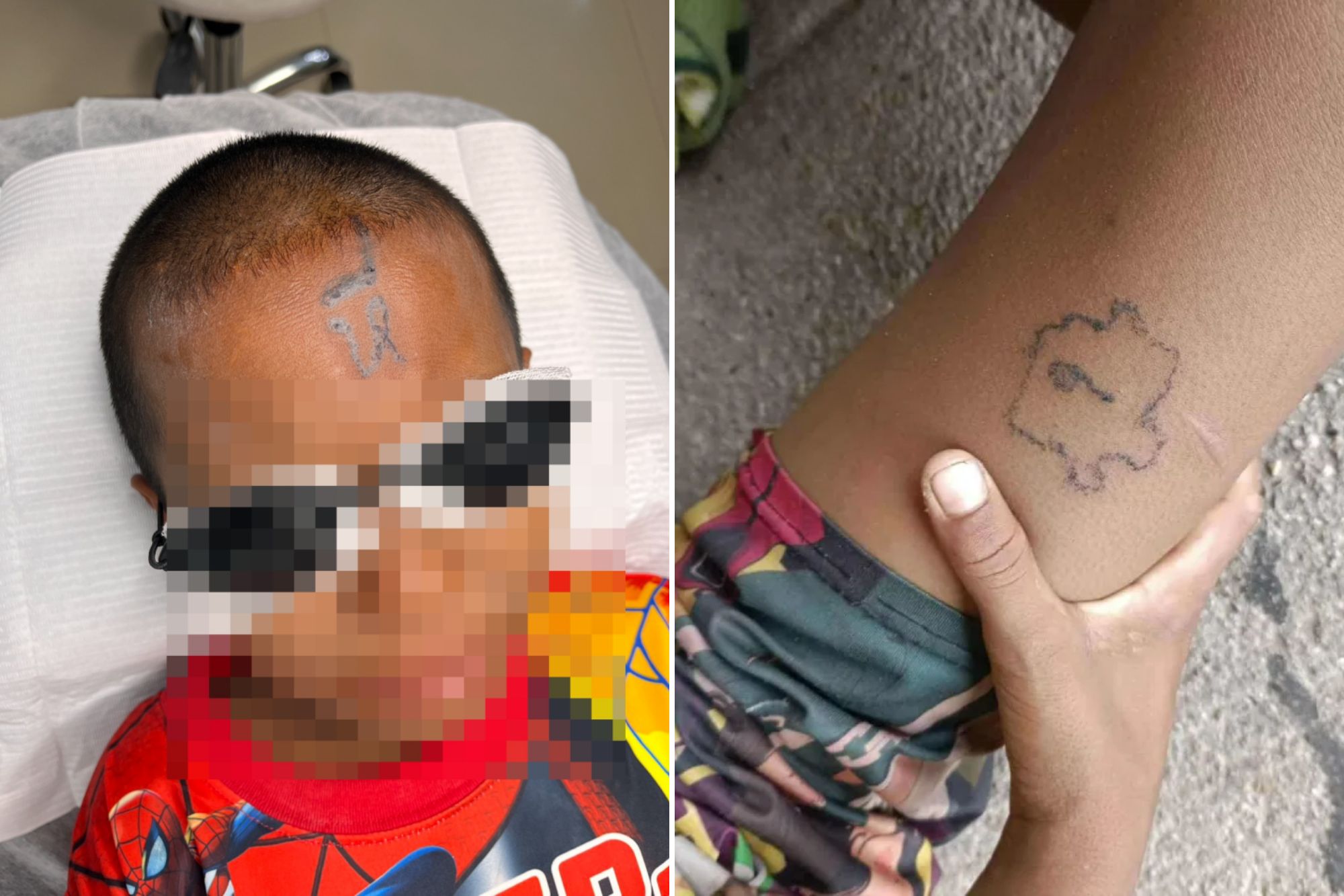 An image collage containing 2 images, Image 1 shows School bullies tattoo p***y on classmate's head in Thailand, Image 2 shows School bullies tattoo p***y on classmate's head in Thailand